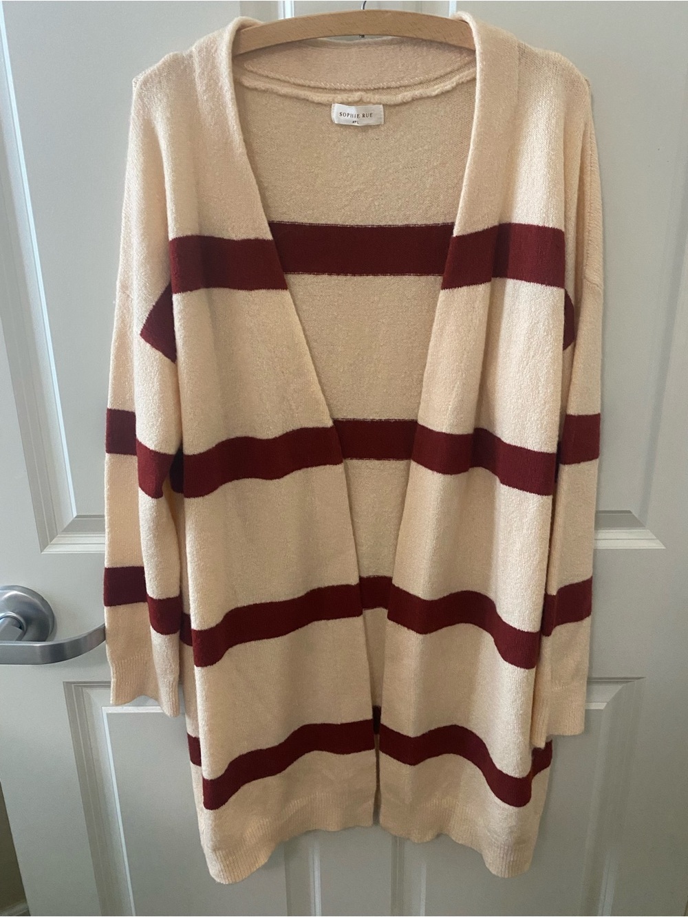 Sophie Rue Saks Fifth Avenue Cream and Burgundy Striped Open-Front Cardigan